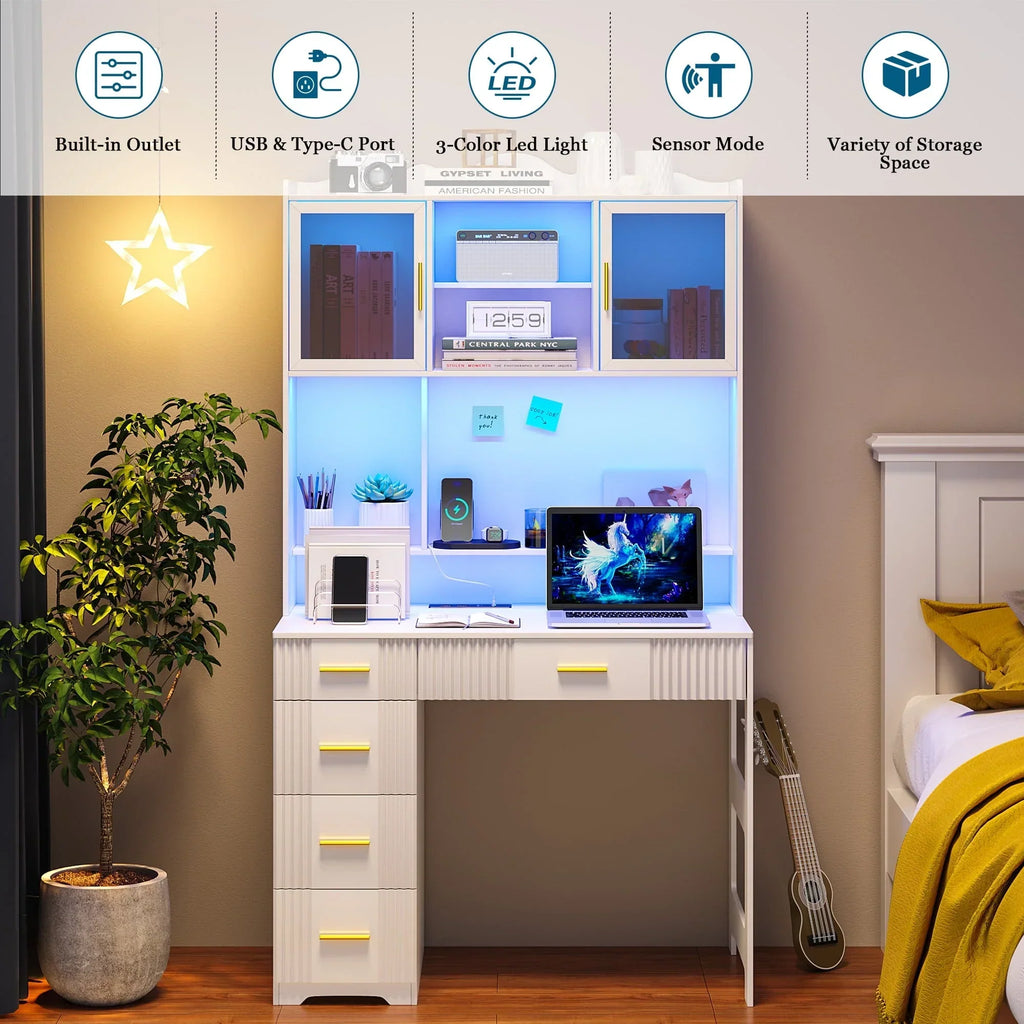 Nouveauté 2026 – Bureau d'étude LED HNEBC avec étagère et tiroir, bureau pour bureau à domicile avec prise électrique, bureau d'ordinateur avec station de charge, bureau d'écriture pour chambre, poste de travail pour petits espaces