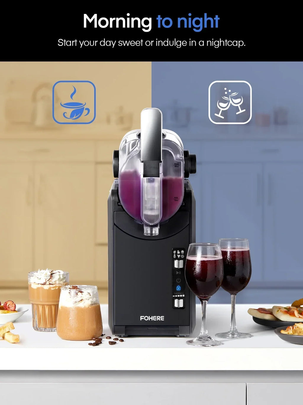 Nouveauté 2026 – Machine à granita 5 en 1 , sans glace, prête en 15 minutes, autonettoyante, idéale pour la maison. 5 programmes prédéfinis pour préparer des margaritas glacées, des frappés, des milkshakes et bien plus encore. Disponible chez FOHERE