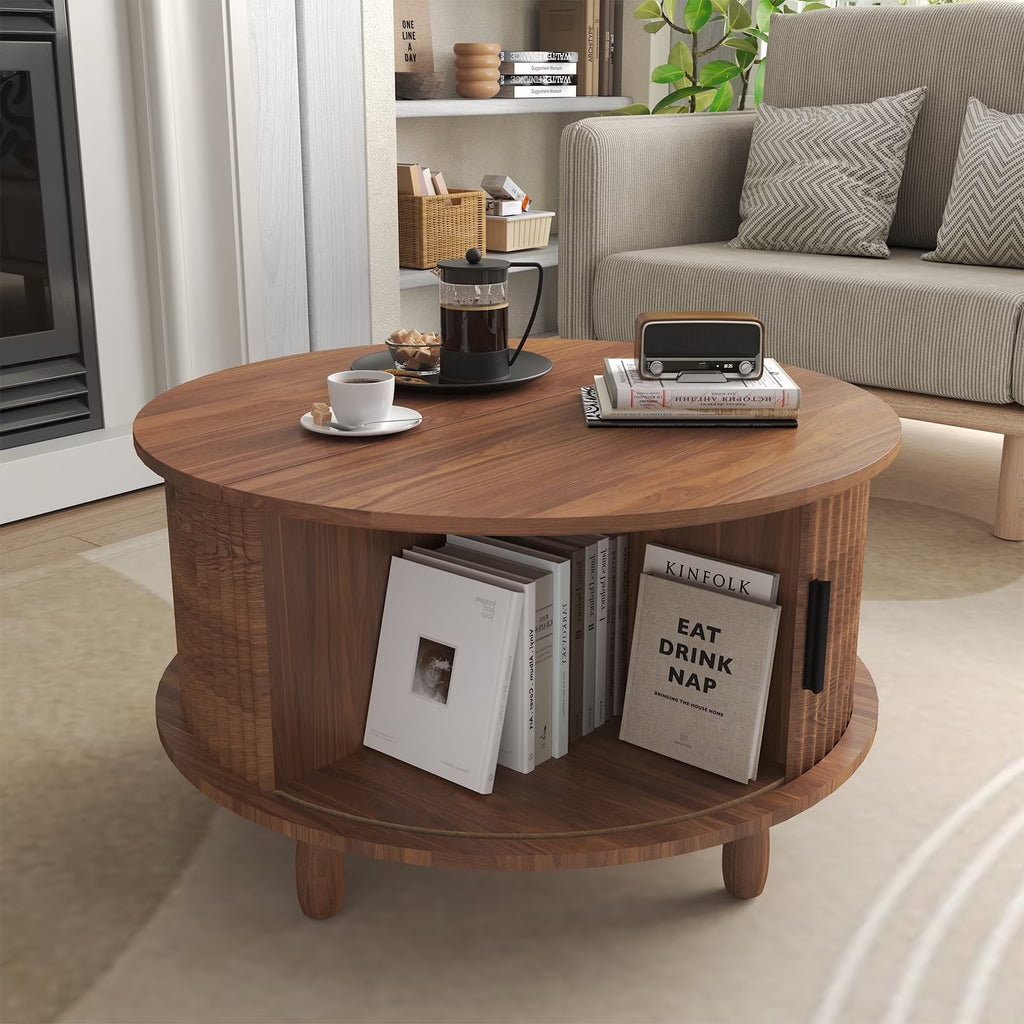 Nouveauté 2026 – Table basse ronde RUMLIVE avec rangement, table basse moderne de 78 cm avec porte coulissante incurvée à 360°, table basse en bois cannelé avec patins, table centrale ronde pour salon, noire