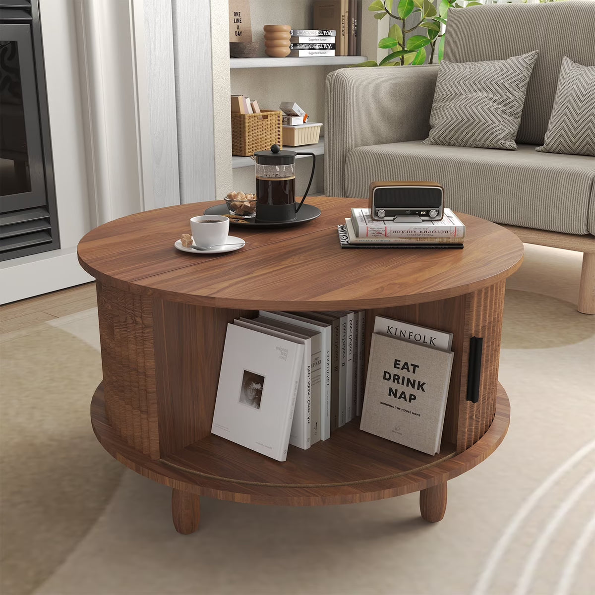 Nouveauté 2026 – Table basse ronde RUMLIVE avec rangement, table basse moderne de 78 cm avec porte coulissante incurvée à 360°, table basse en bois cannelé avec patins, table centrale ronde pour salon, noire