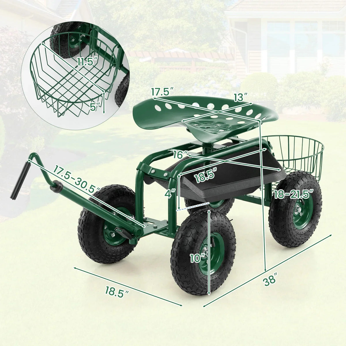Nouveauté 2026 – Chariot de jardin Costway avec siège de travail roulant et poignée extensible, vert