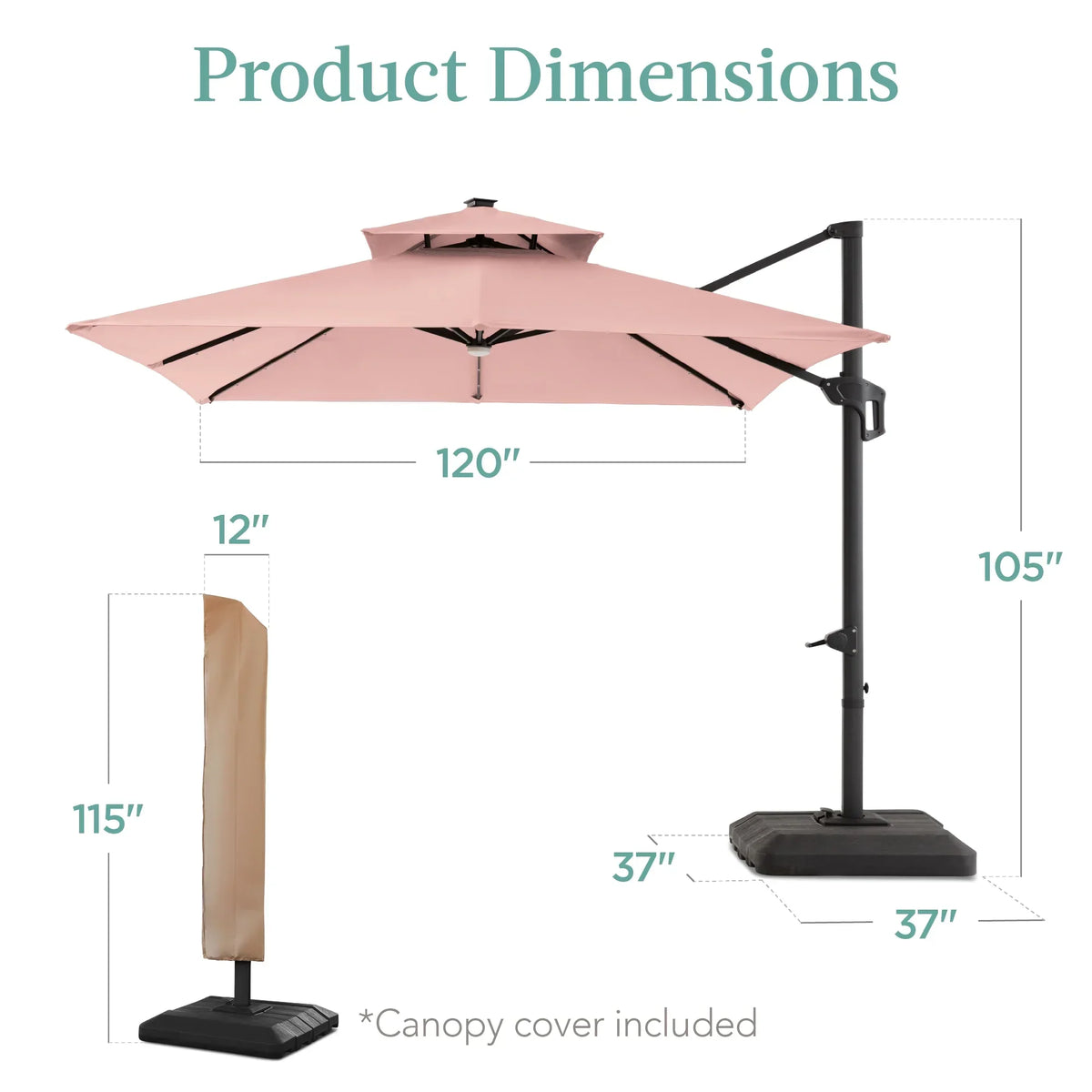 Nouveauté 2026 – Parasol de terrasse carré déporté à deux niveaux, 3 x 3 m, à éclairage solaire LED, avec base incluse (Best Choice Products, ) - Beige