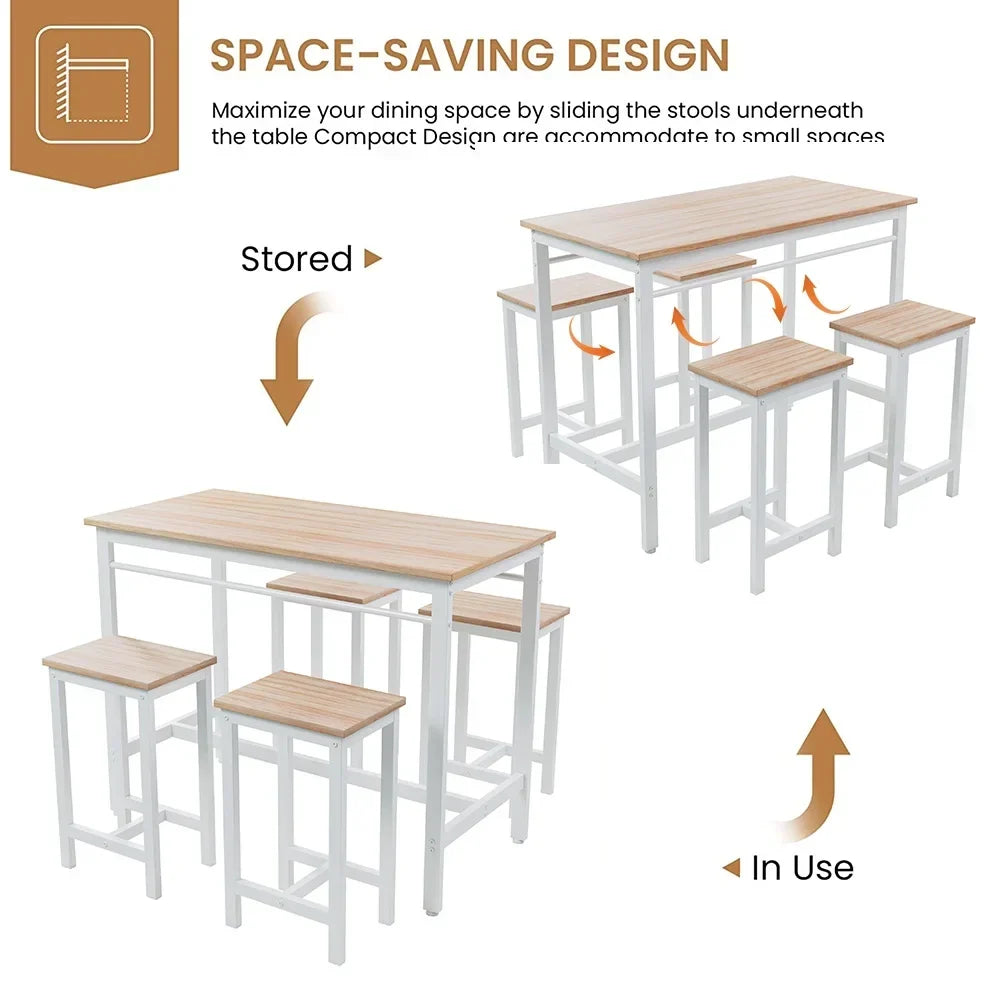 Nouveauté 2026 – Ensemble de table haute 5 places , table de bar et tabourets assortis, table à manger minimaliste avec tabourets sans dossier, ensemble table et chaises de bar avec plateau en bois pour cuisine, appartement ou bistrot - Gain de place