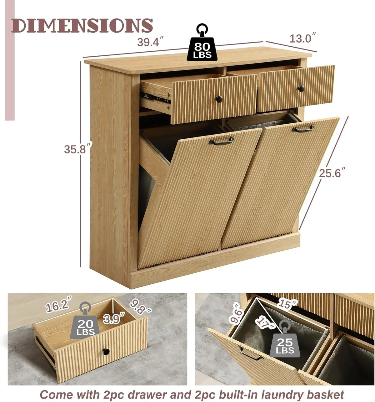 Nouveauté 2026 – Armoire à linge double basculante Haverchair , meuble poubelle moderne cannelé avec tiroir, meuble poubelle dissimulé en bois pour cuisine et salle de bain