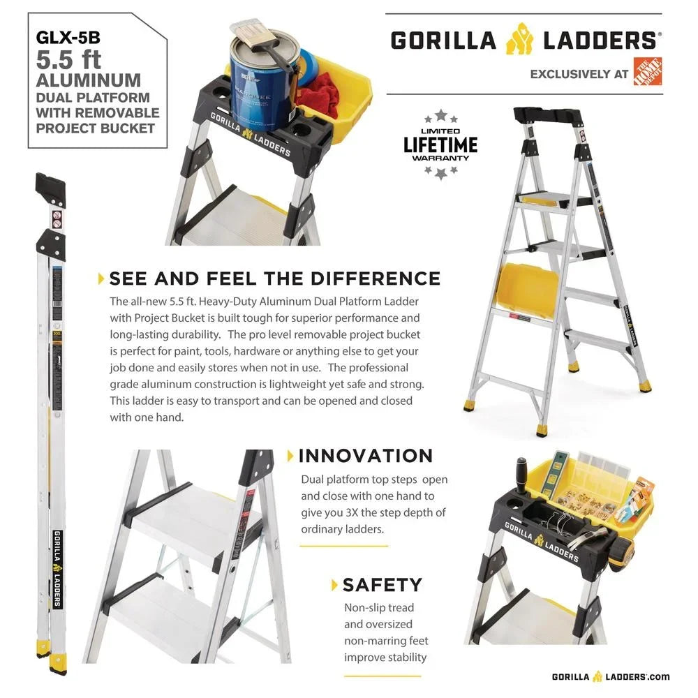 Nouveauté 2026 – Échelle robuste à double plateforme amovible Gorilla Ladders avec nacelle intégrée, 1,7 m, aluminium, multicolore