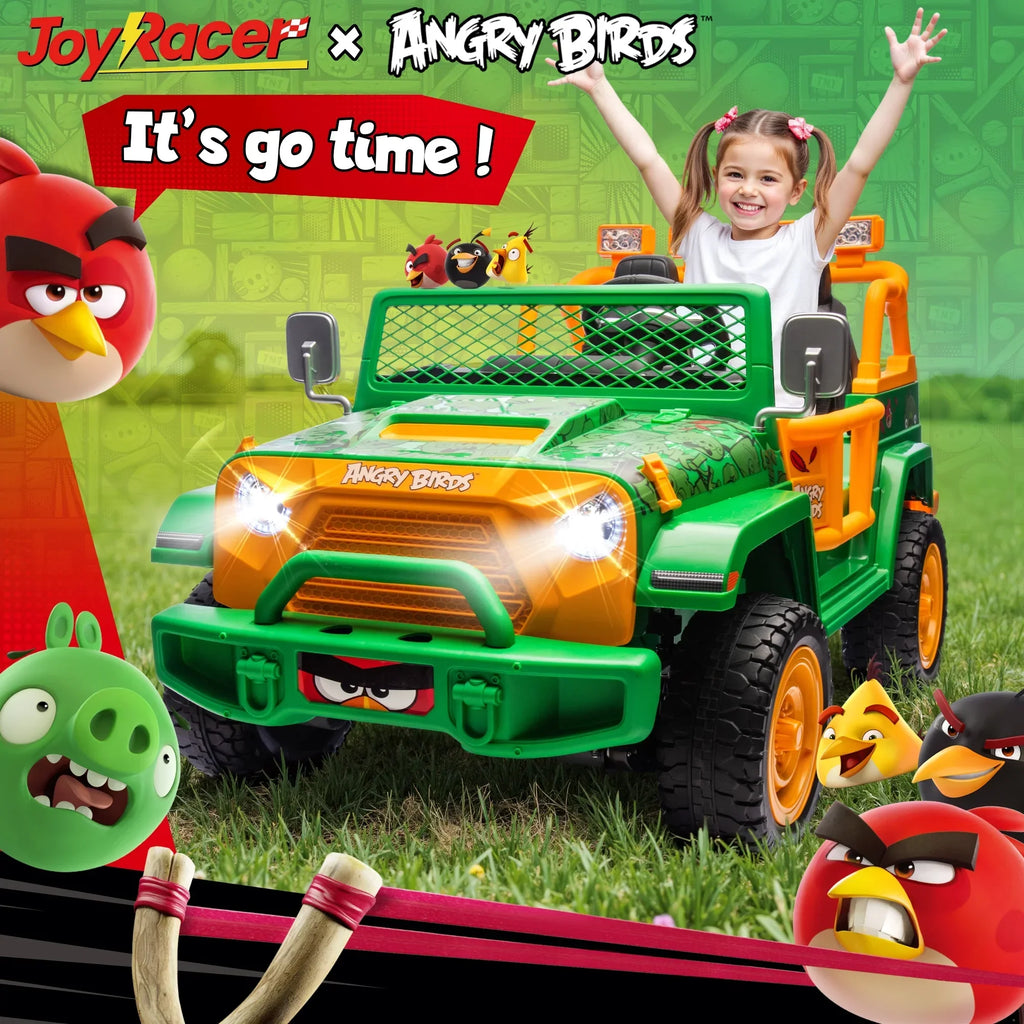 Nouveauté 2026 – Joyracer , véhicule électrique 24 volts pour enfants de 3 à 8 ans, sous licence Angry Birds, avec télécommande, pelle, Bluetooth, phares et roues motorisées. Convient aux enfants jusqu'à 60 kg (130 lbs). Couleur verte