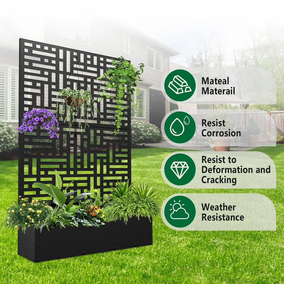 Nouveauté 2026 – Jardinière surélevée en métal FOOWIN , 180 cm de haut, avec treillis, pour plantes grimpantes, avec trou de drainage, noire