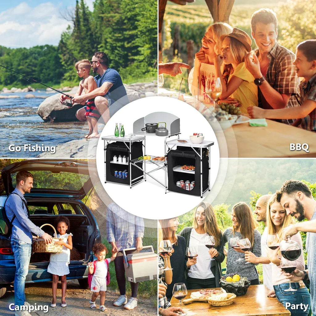 Nouveauté 2026 – Table de barbecue pliante et portable en aluminium Goplus avec rangement et pare-vent, noire