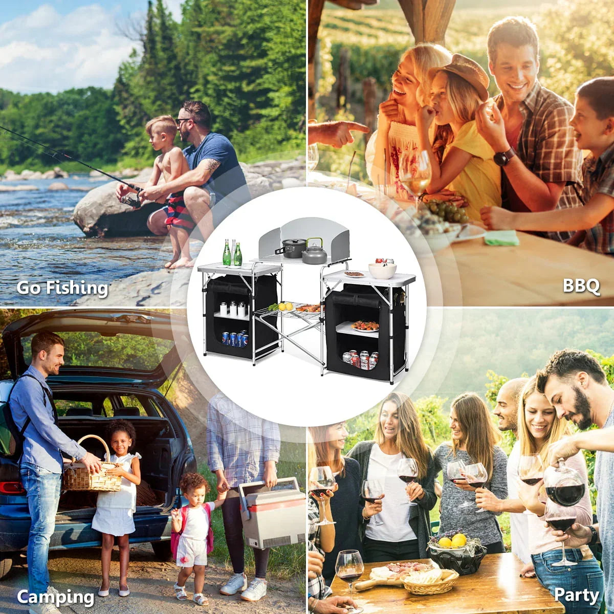 Nouveauté 2026 – Table de barbecue pliante et portable en aluminium Goplus avec rangement et pare-vent, noire