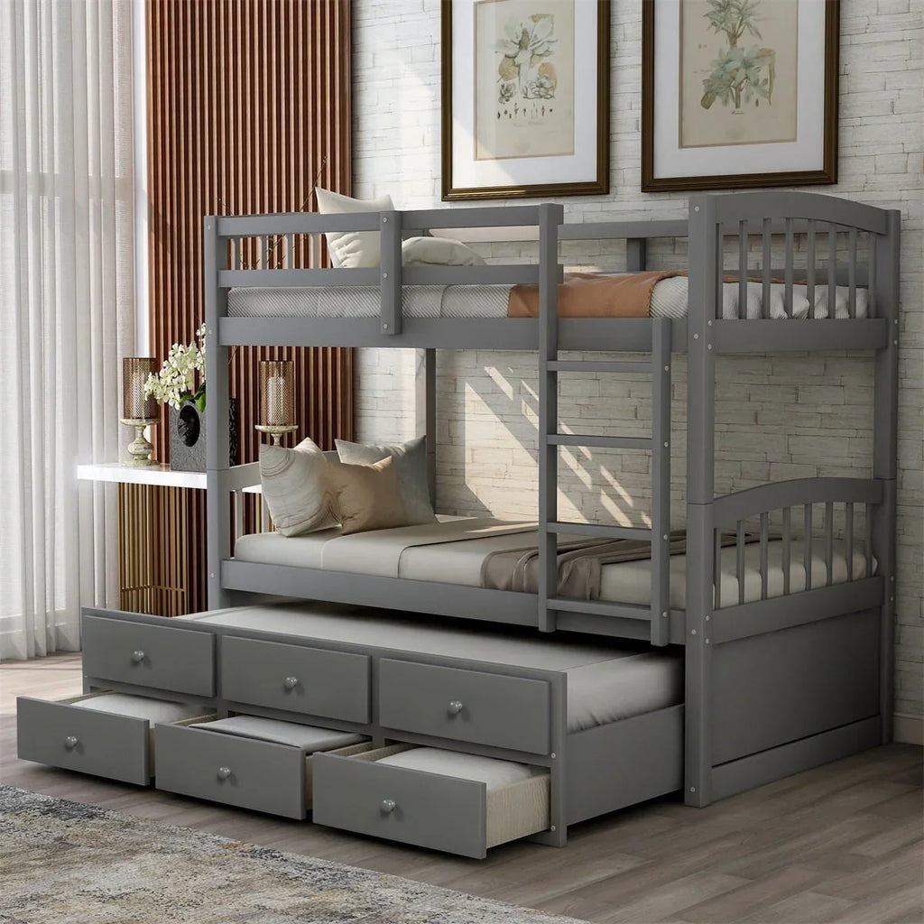 Nouveauté 2026 – Lit superposé Twin-Over-Twin avec 3 tiroirs de rangement, cadre de lit superposé simple avec échelle et barrière de sécurité, lit superposé gigogne en pin pour chambre d'adolescent ou chambre d'amis, convertible en 2 lits, gris