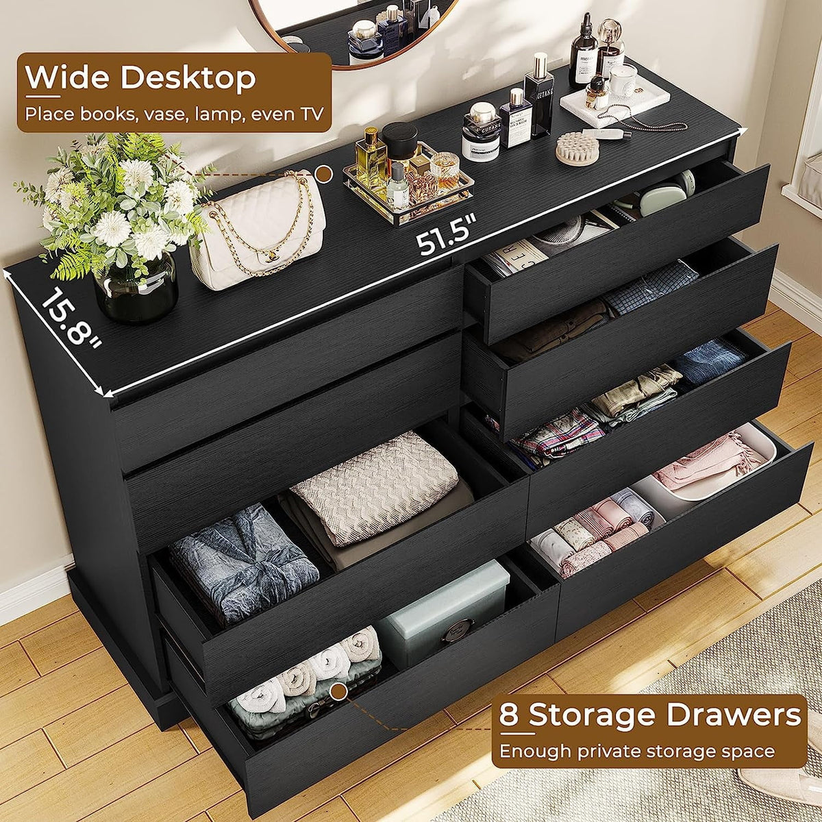 Nouveauté 2026 – Commode double à 8 tiroirs en bois noir, idéale pour la chambre à coucher ou le salon. Grand meuble de rangement pour la maison ou le salon