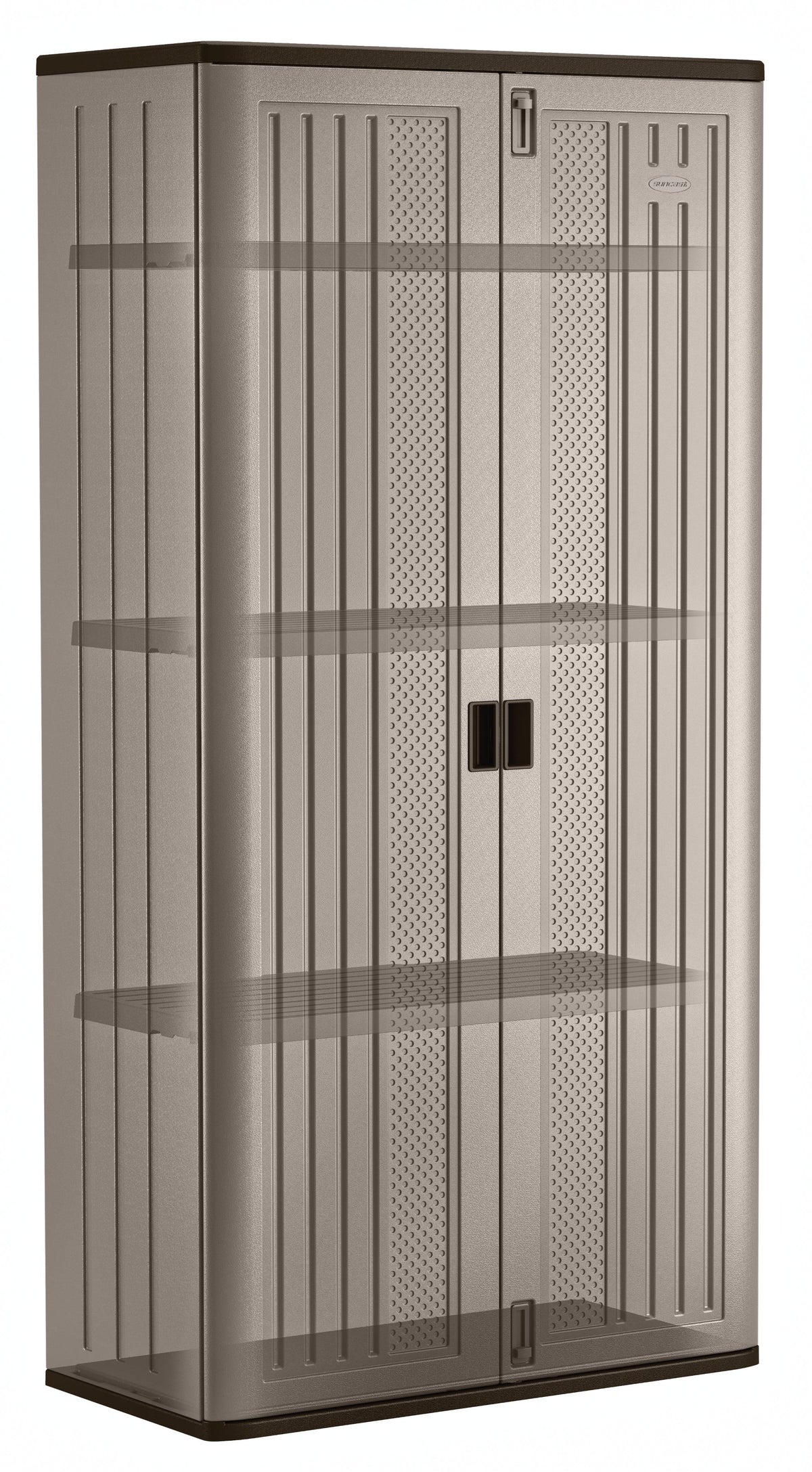 Nouveauté 2026 – Armoire de rangement extérieure Suncast Mega Tall en résine avec 3 étagères, finition platine métallisée