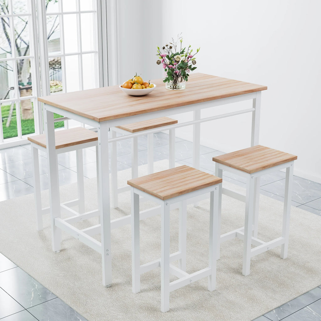 Nouveauté 2026 – Ensemble de table haute 5 places , table de bar et tabourets assortis, table à manger minimaliste avec tabourets sans dossier, ensemble table et chaises de bar avec plateau en bois pour cuisine, appartement ou bistrot - Gain de place