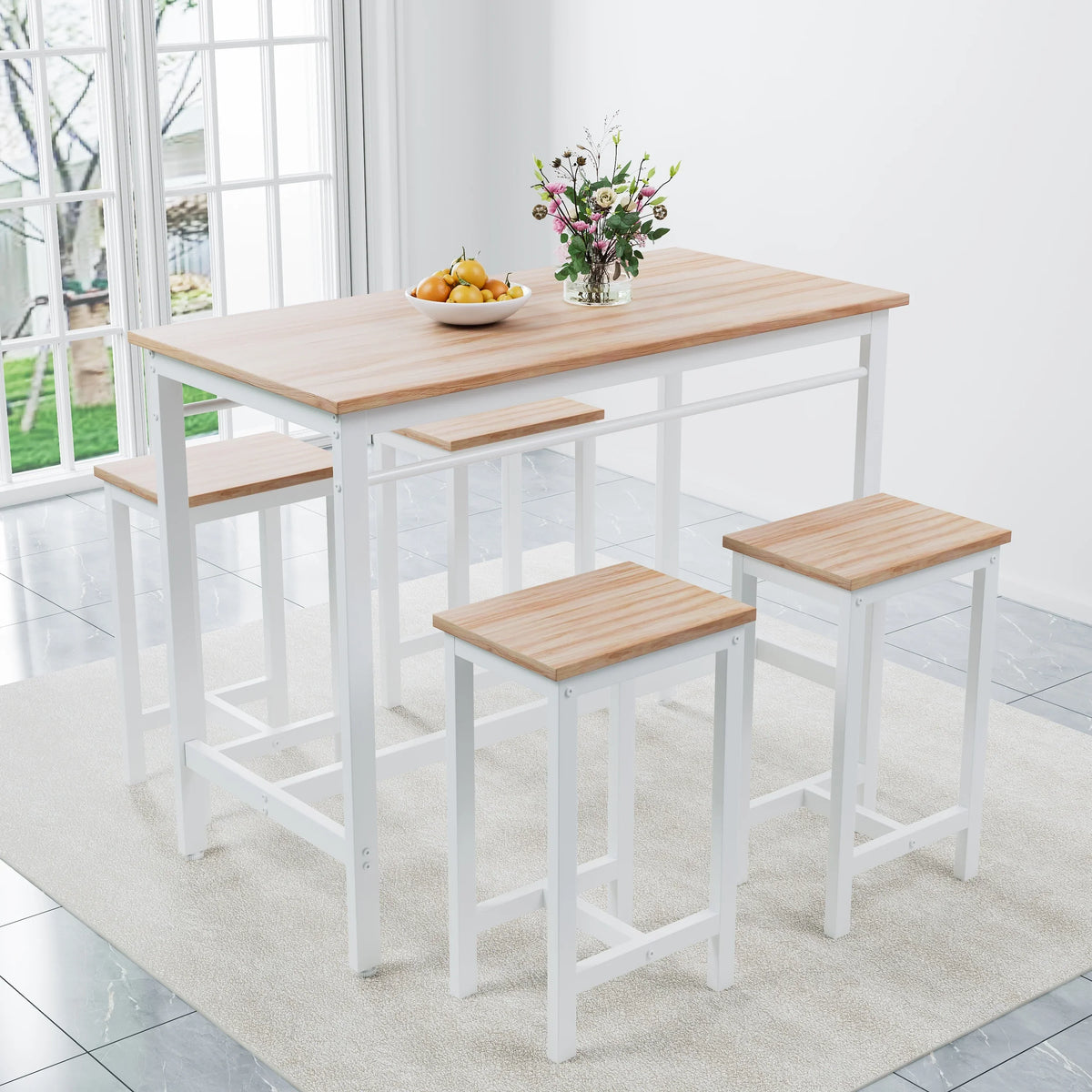 Nouveauté 2026 – Ensemble de table haute 5 places , table de bar et tabourets assortis, table à manger minimaliste avec tabourets sans dossier, ensemble table et chaises de bar avec plateau en bois pour cuisine, appartement ou bistrot - Gain de place