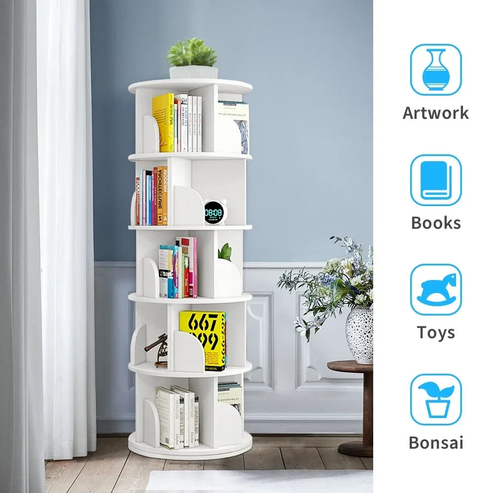 Nouveauté 2026 – Bibliothèque pivotante Bimiti 5 niveaux, rotation à 360°, 20 étagères, sur pied, blanche, 160 x 46 x 46 cm, pour adultes