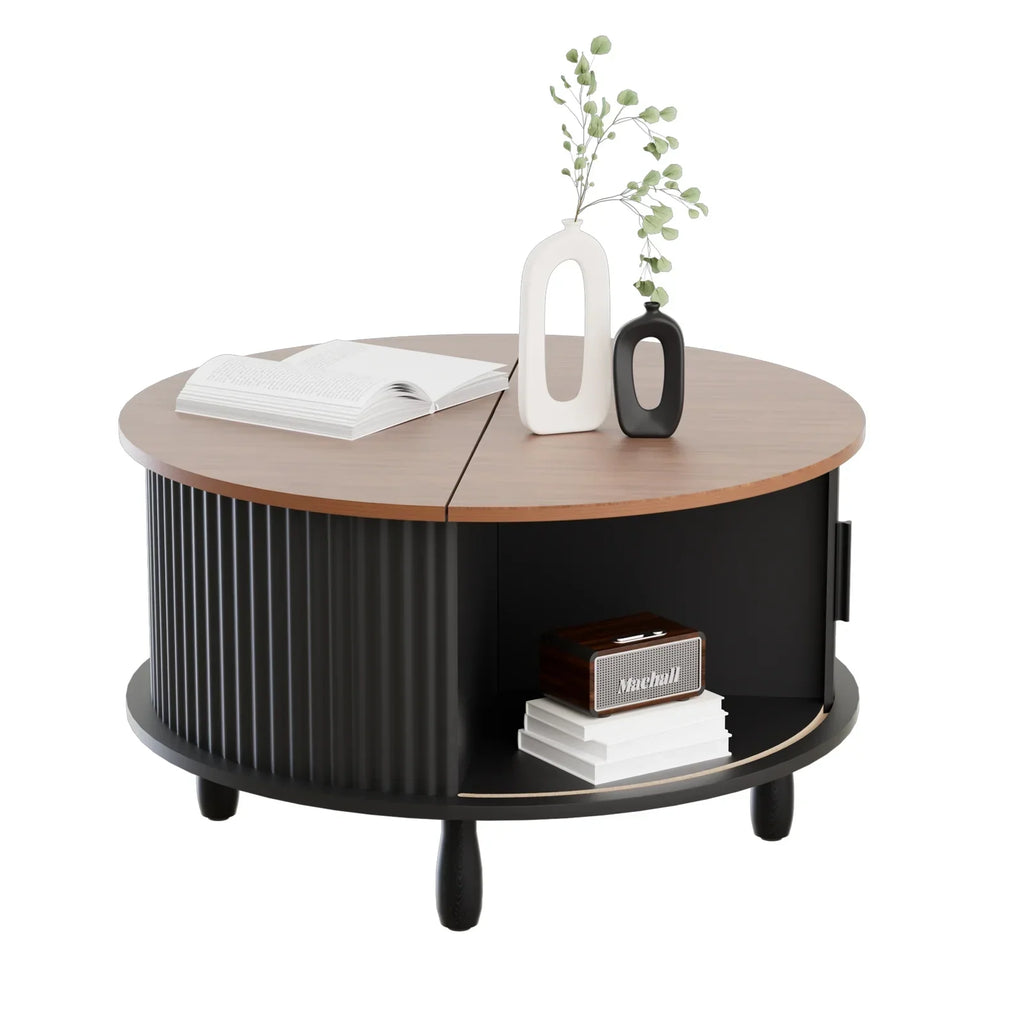 Nouveauté 2026 – Table basse ronde RUMLIVE avec rangement, table basse moderne de 78 cm avec porte coulissante incurvée à 360°, table basse en bois cannelé avec patins, table centrale ronde pour salon, noire