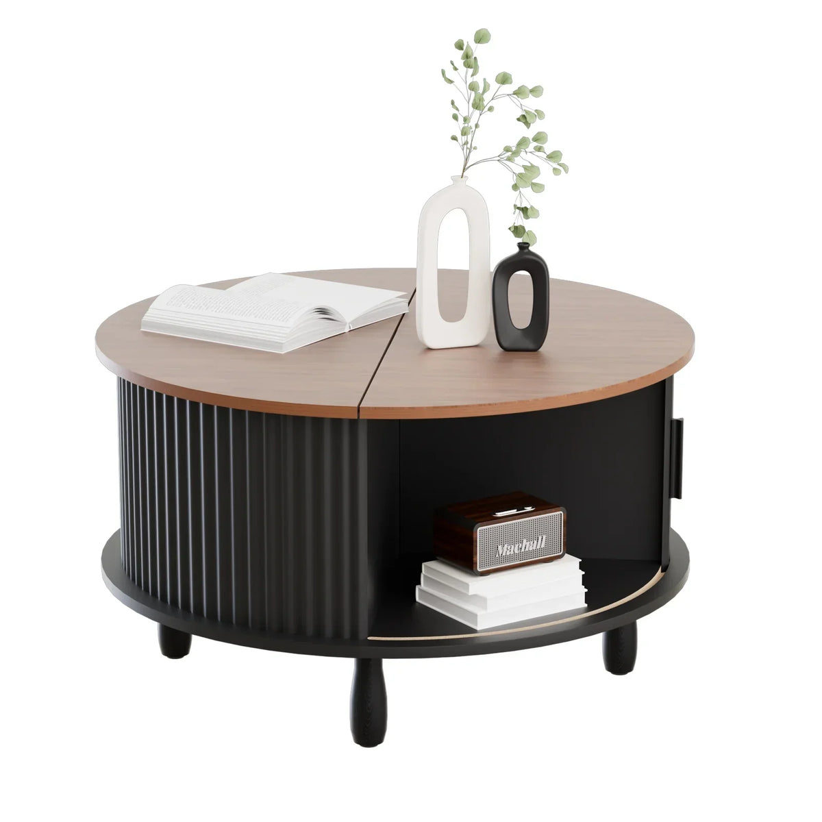 Nouveauté 2026 – Table basse ronde RUMLIVE avec rangement, table basse moderne de 78 cm avec porte coulissante incurvée à 360°, table basse en bois cannelé avec patins, table centrale ronde pour salon, noire