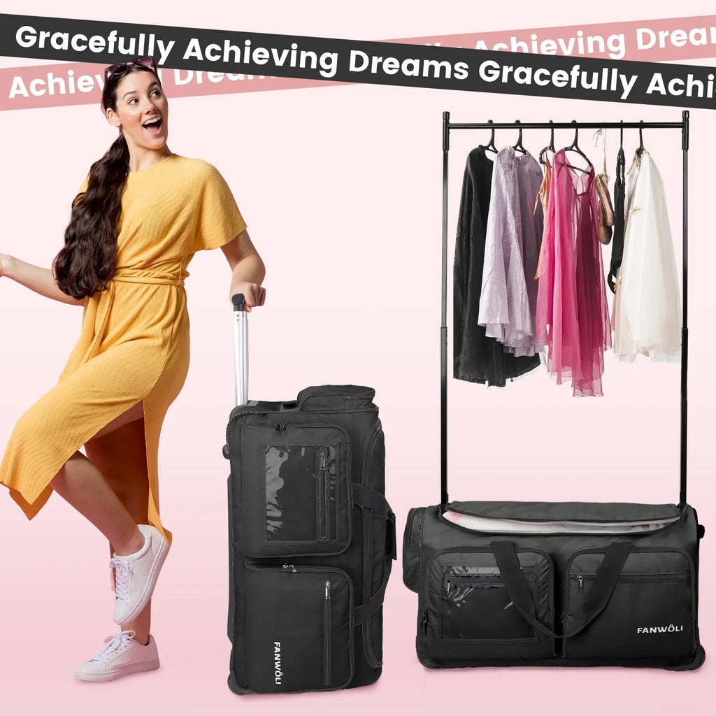 Nouveauté 2026 – Sac de danse Fegat avec portant - Sac de danse pliable à roulettes de 71 cm (28 pouces) pour compétitions, danse, spectacles, streamers et athlètes. Valise légère à roulettes