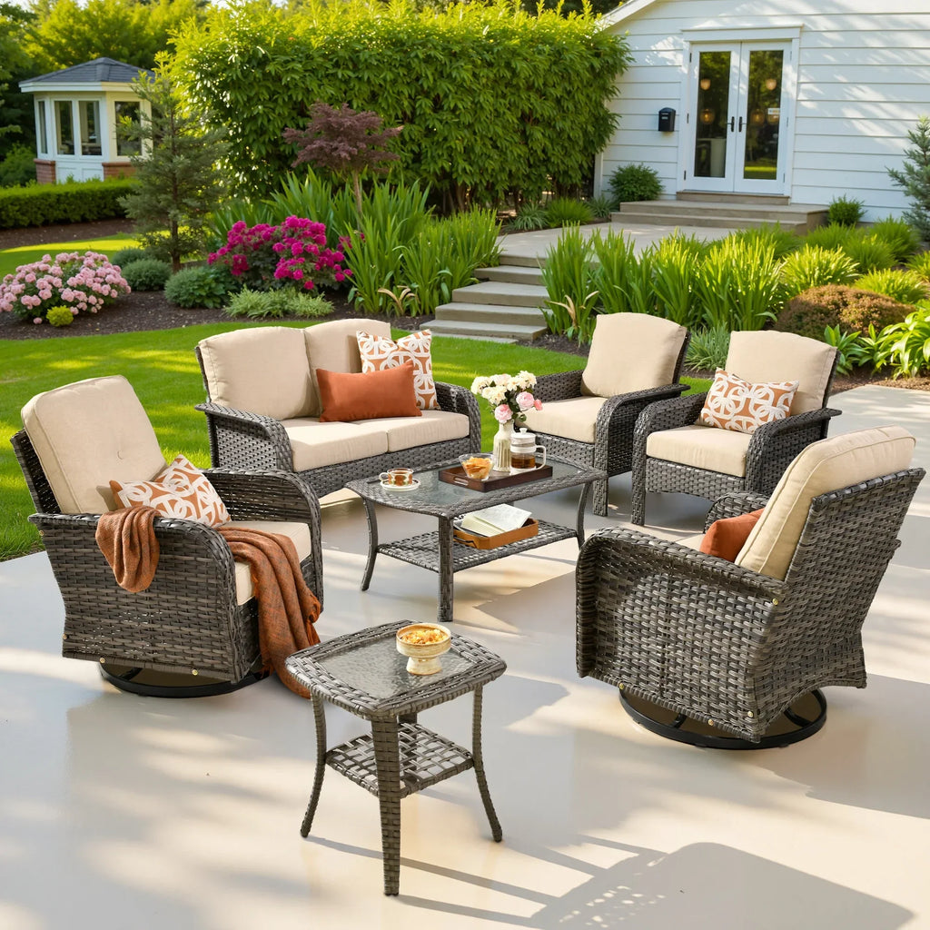 Nouveauté 2026 – Ensemble de mobilier de jardin 5 pièces Ovios , comprenant fauteuils pivotants et table basse, en résine tressée résistante aux intempéries, gris foncé