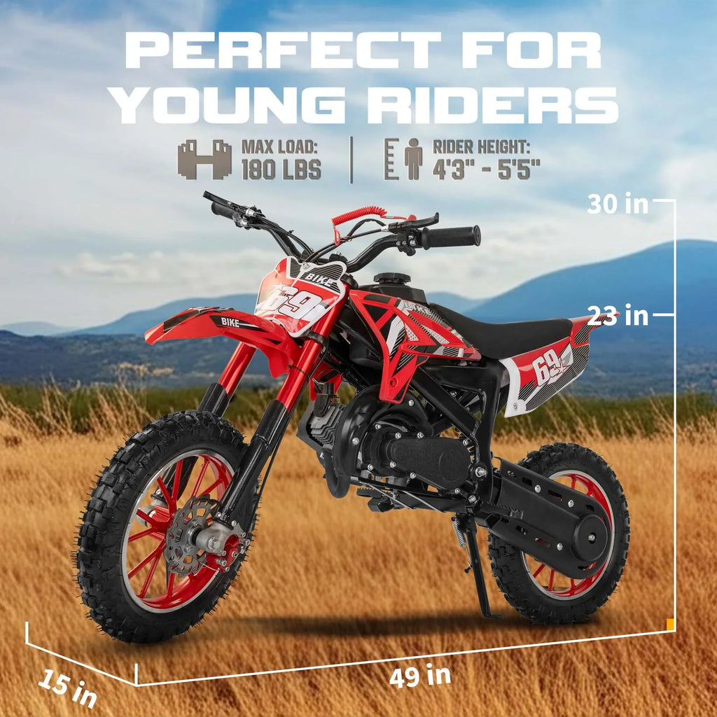 Nouveauté 2026 – Moto tout-terrain enfant MX 49 cm³ , moteur 2 temps à essence, suspension à ressorts, selle confortable, freins à disque avant et arrière, vitesse maximale de 45 km/h
