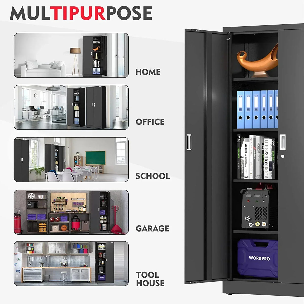 Nouveauté 2026 – Armoire de rangement métallique WORKPRO avec portes verrouillables et étagères réglables, hauteur 180 cm (71 pouces), idéale pour les outils, le bureau, la maison et les ateliers (noir), emballage soigné