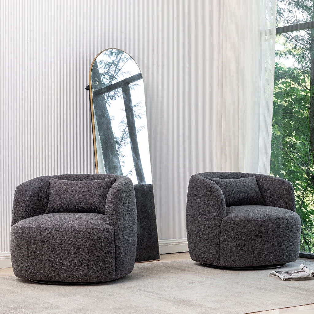 Nouveauté 2026 – Fauteuil pivotant rond 34" en bouclette de 86 cm de large, sans assemblage, avec coussin décoratif, idéal pour le salon et la chambre, couleur taupe