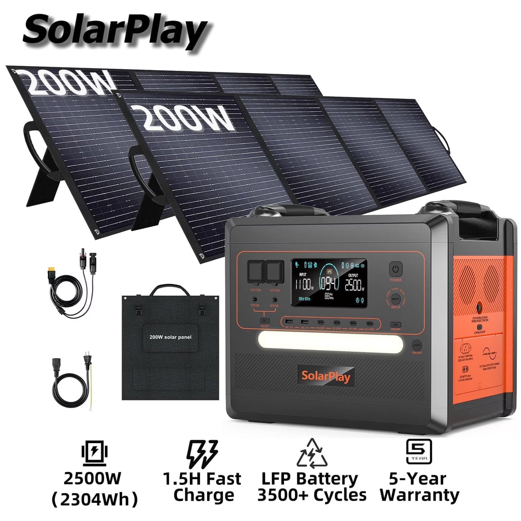 Nouveauté 2026 – Générateur solaire Solarplay 2400 W (4800 W en crête), avec panneau solaire de 400 W et batterie LiFePO4 portable de 2160 Wh, idéal pour le camping, la maison et les véhicules de secours