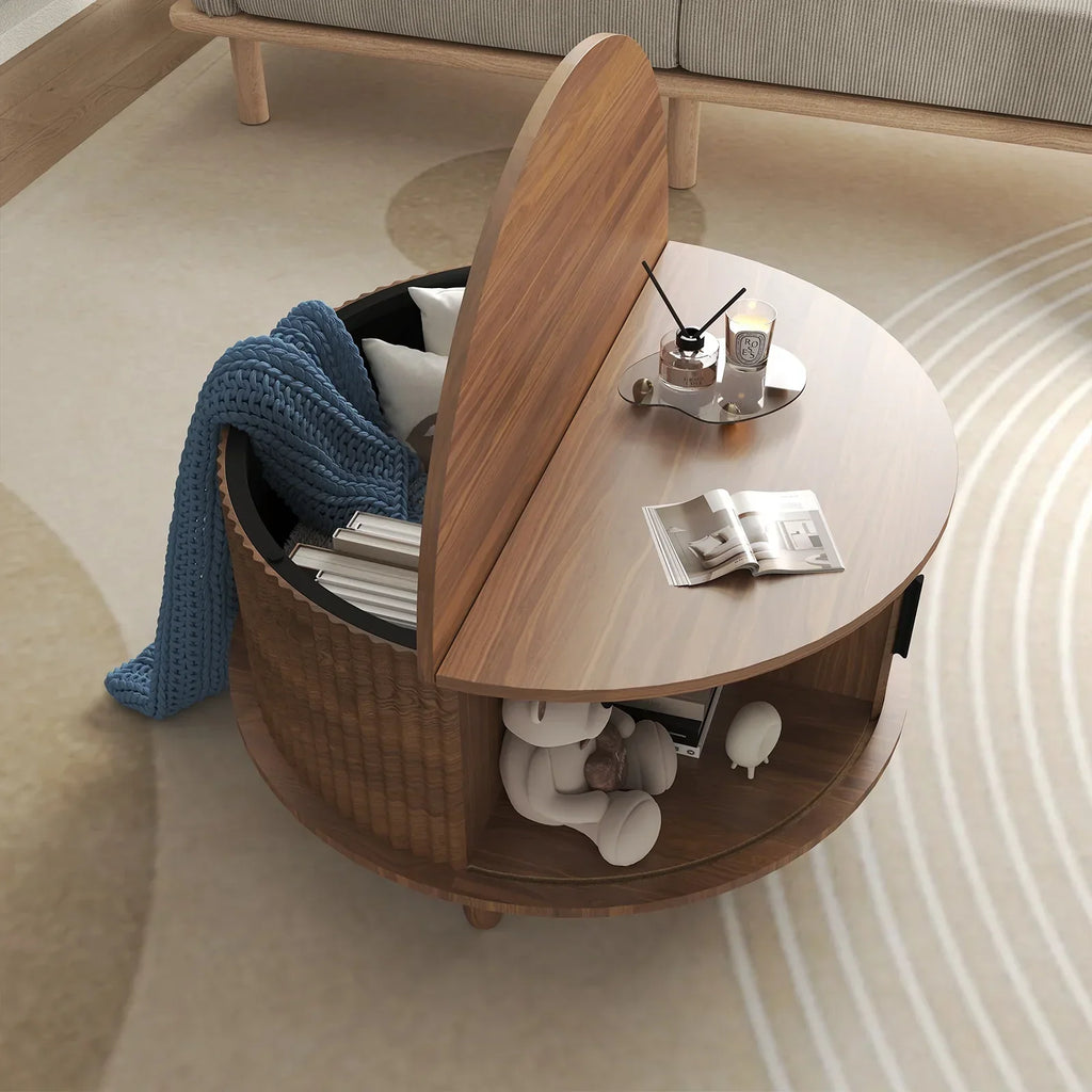 Nouveauté 2026 – Table basse ronde RUMLIVE avec rangement, table basse moderne de 78 cm avec porte coulissante incurvée à 360°, table basse en bois cannelé avec patins, table centrale ronde pour salon, noire