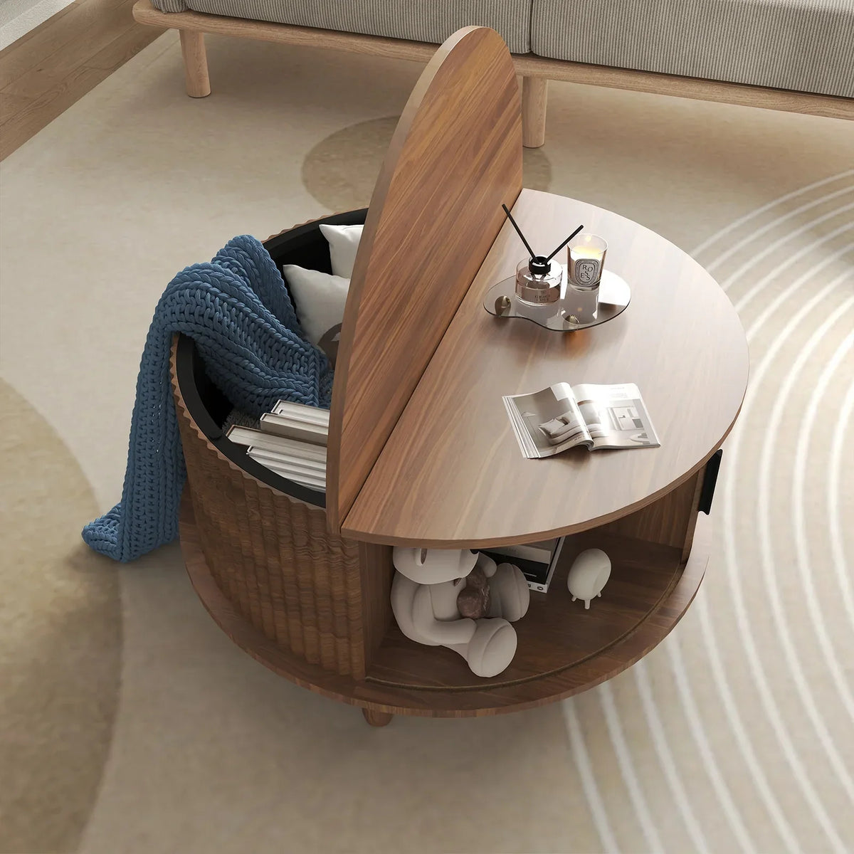 Nouveauté 2026 – Table basse ronde RUMLIVE avec rangement, table basse moderne de 78 cm avec porte coulissante incurvée à 360°, table basse en bois cannelé avec patins, table centrale ronde pour salon, noire