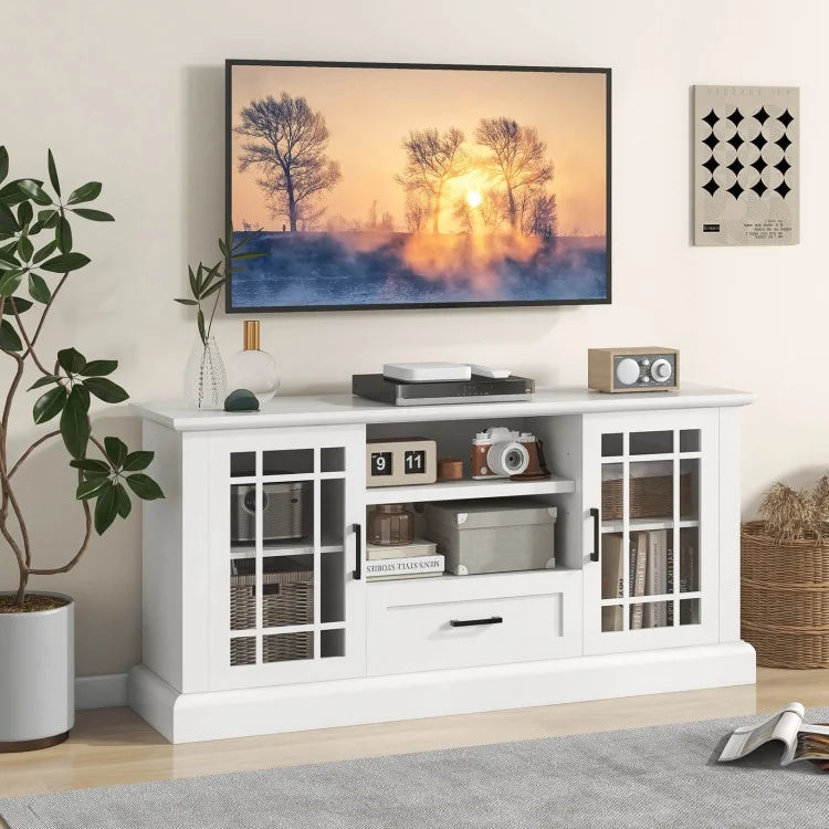 Nouveauté 2026 – Meuble TV pour téléviseurs jusqu'à 70 pouces avec portes vitrées, compartiments et tiroir