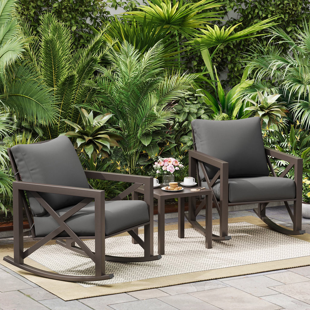 Nouveauté 2026 – Ensemble bistro MRUAKA , 3 pièces, comprenant 2 fauteuils à bascule et 1 table basse en métal avec coussins épais, idéal pour véranda, jardin ou bord de piscine, couleur beige