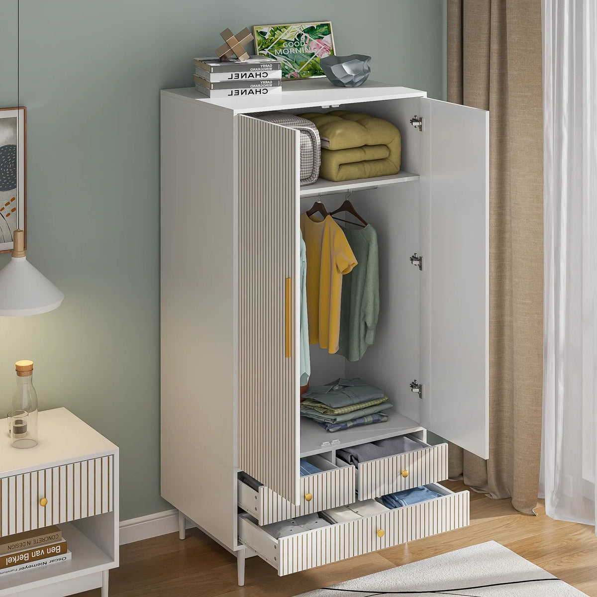 Nouveauté 2026 – Armoire-penderie Armoire à 2 portes, avec penderie et tiroirs, en bois blanc, idéale pour la chambre à coucher