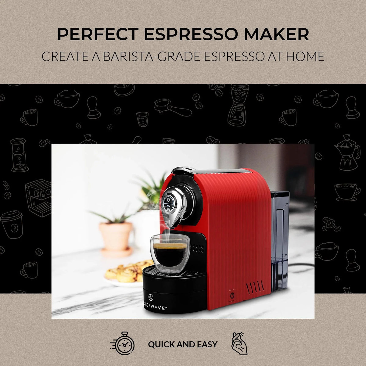 Nouveauté 2026 – Machine à expresso ChefWave pour capsules Nespresso (rouge), porte-capsules et tasses inclus