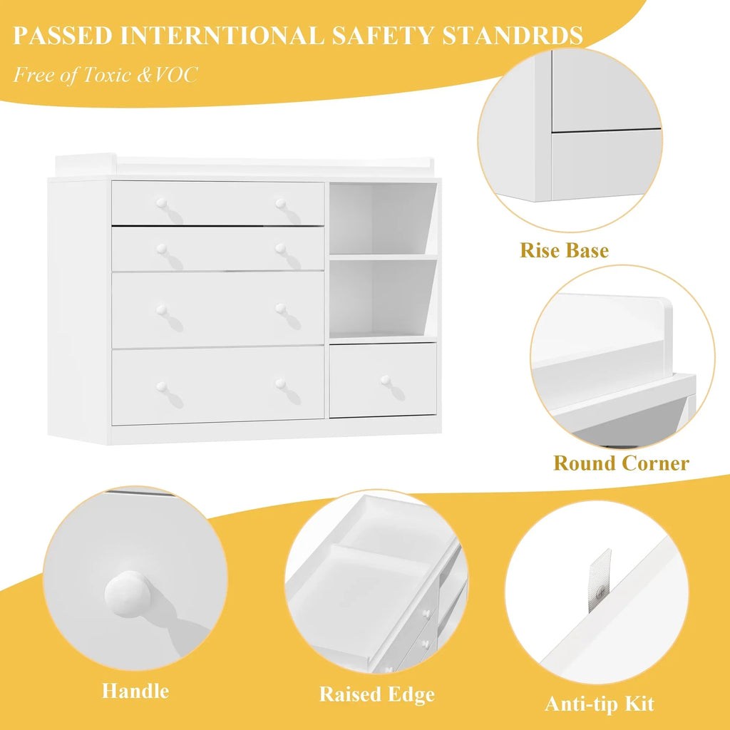 Nouveauté 2026 – Table à langer/commode pour chambre de bébé OXYLIFE , 114 cm (45 po), avec 4 tiroirs et une étagère, blanche