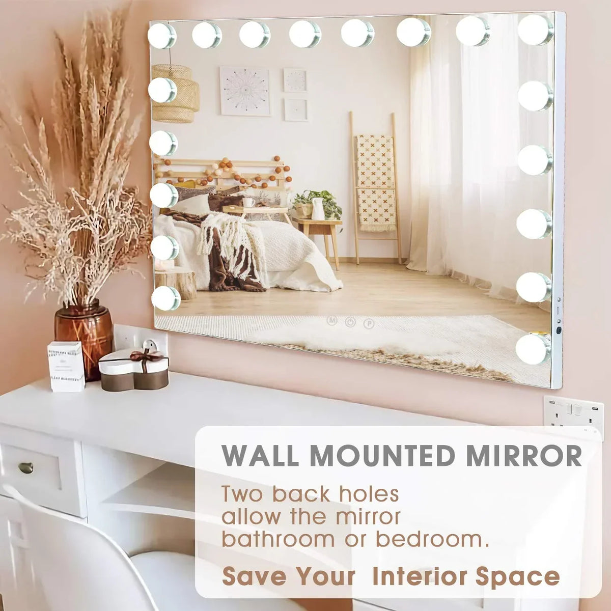 Nouveauté 2026 – Miroir de courtoisie Fenchilin , 81 x 58 cm, avec éclairage, chargement USB, à poser ou à fixer au mur, en métal blanc