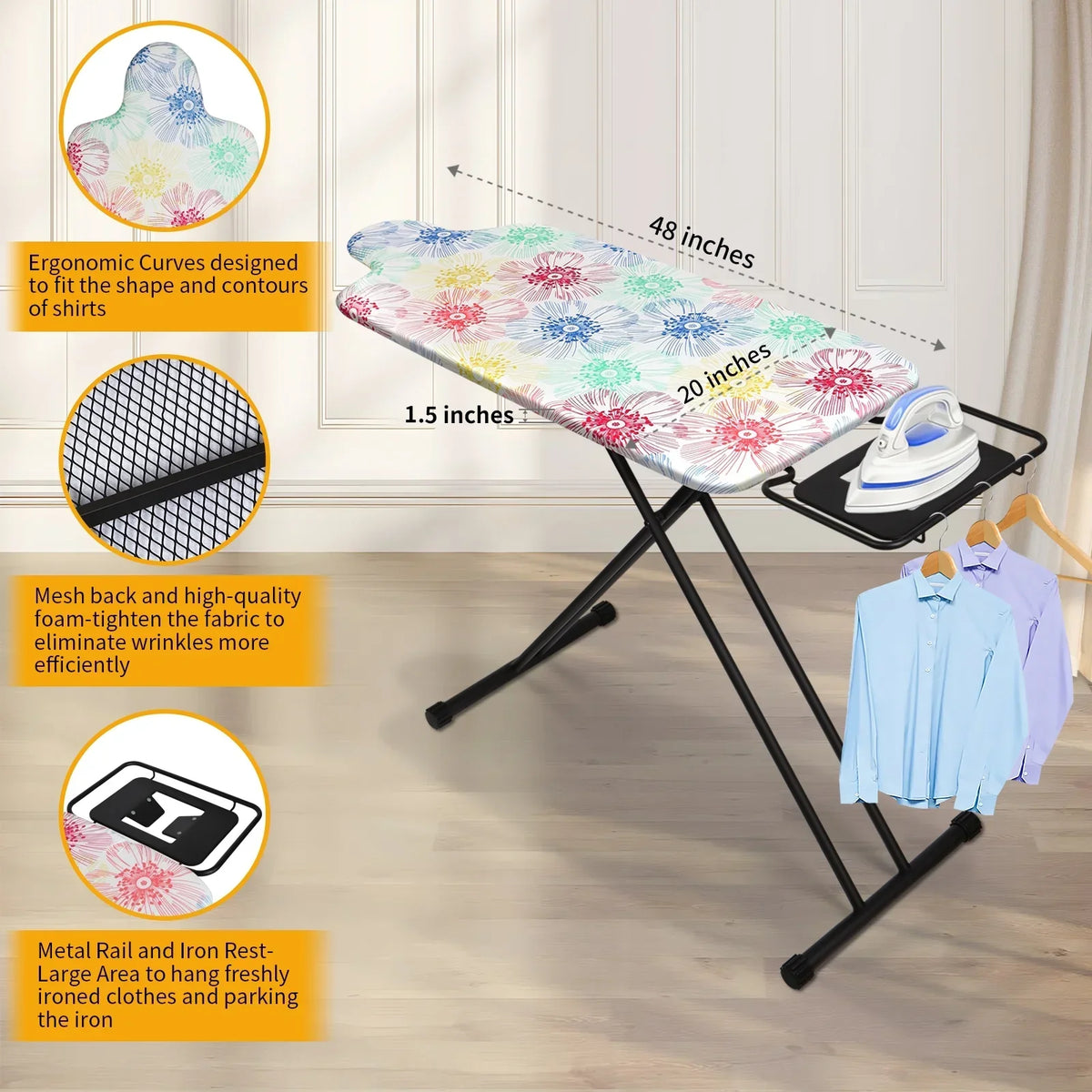 Nouveauté 2026 – Planche à repasser extra large KDJ HOME Slieton avec barre de suspension, 51 cm de large (20 pouces