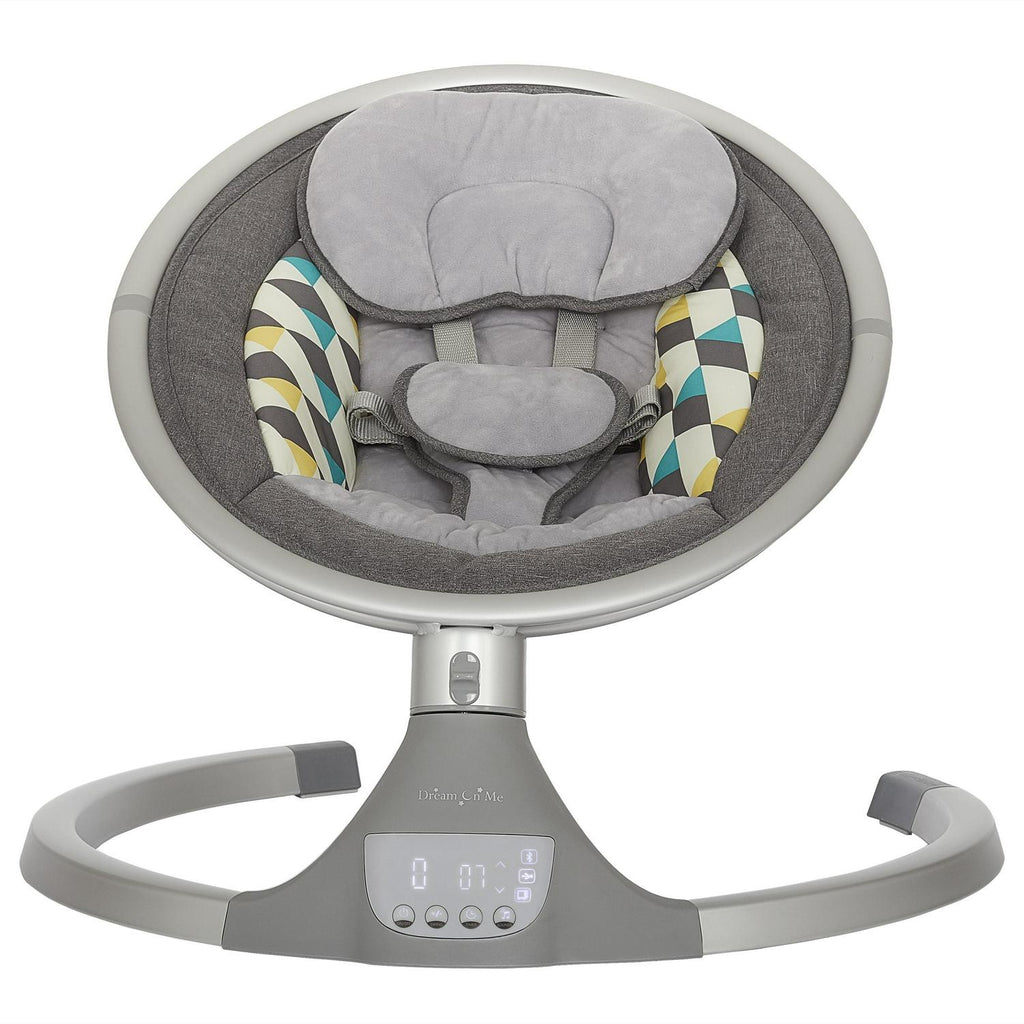 Nouveauté 2026 – Balancelle pour bébé Dream On Me Zazu . Balancelle pour nourrisson. 5 vitesses de balancement. Deux jouets intégrés. Connectivité Bluetooth et télécommande. Gris et bleu