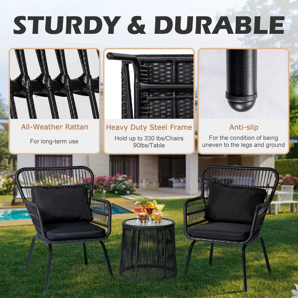 Nouveauté 2026 – Ensemble bistro de conversation 3 pièces Tappio pour patio, mobilier de jardin en rotin, table basse en verre et coussins, jaune/beige, idéal pour le jardin, le balcon, la terrasse ou la piscine