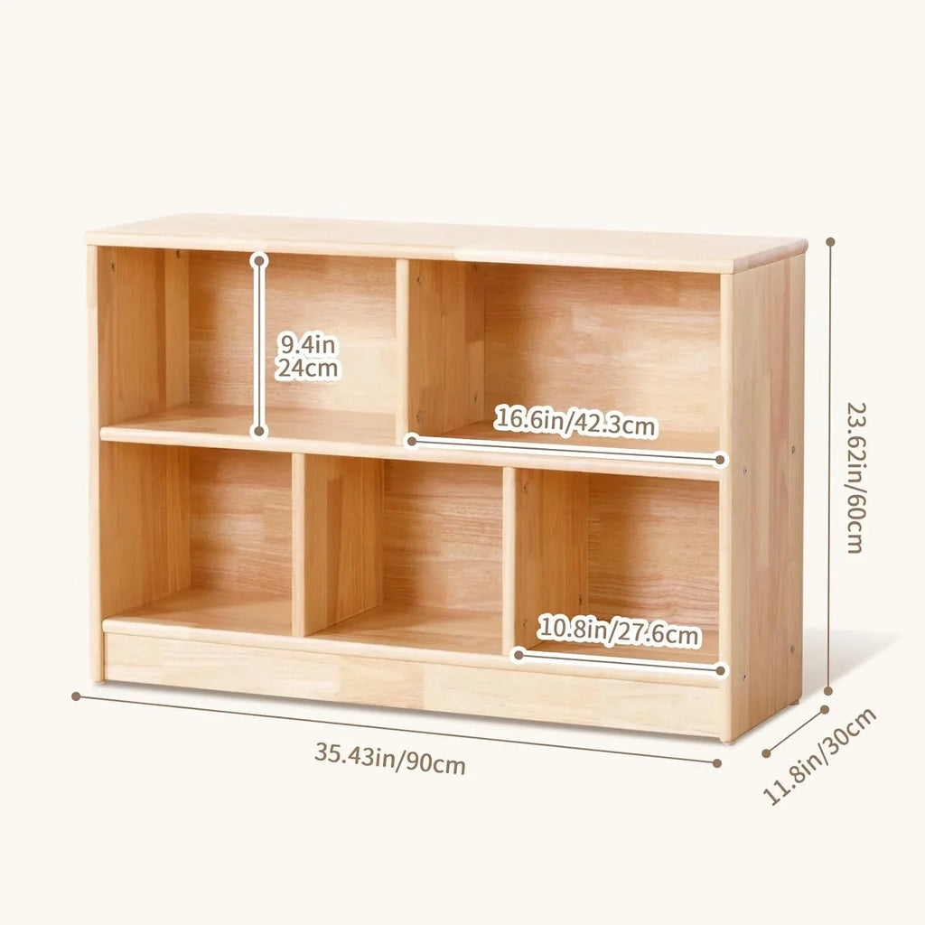 Nouveauté 2026 – Étagère Montessori 5 compartiments en bois d'hévéa Rubber , bibliothèque pour tout-petits de 90 cm de long, armoire de rangement en bois à 2 niveaux, organisateur pour salle de classe, salle de jeux, garderie et école maternelle