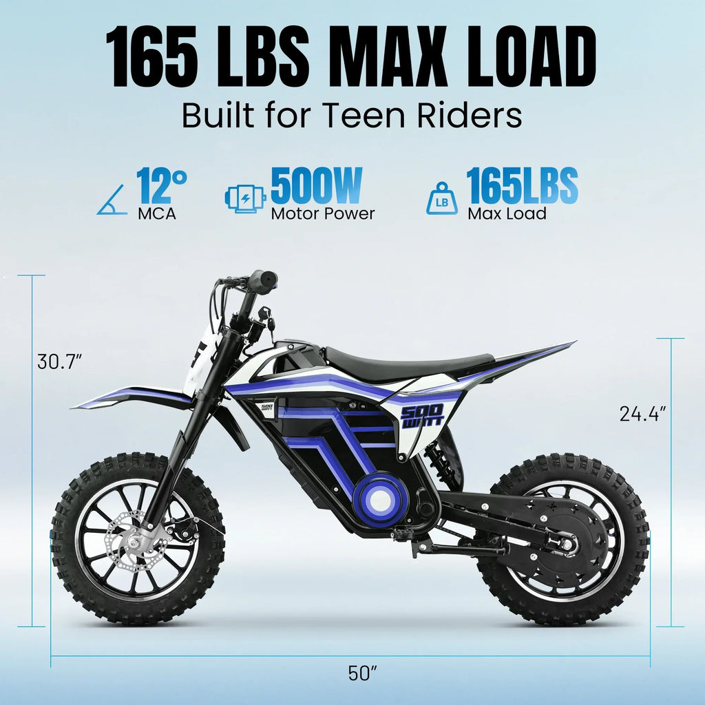 Nouveauté 2026 – Moto tout-terrain électrique QEASET , 500 W, pour enfants (garçons et filles) de 8 à 14 ans, bleue