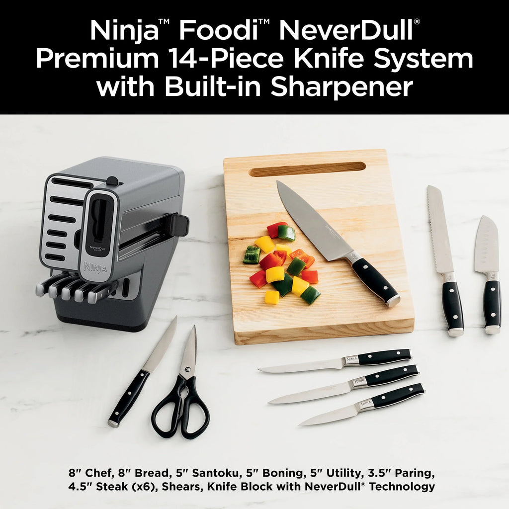 Nouveauté 2026 – Système de couteaux Ninja Foodi NeverDull Premium 14 pièces en acier inoxydable allemand avec affûteur intégré, K32014