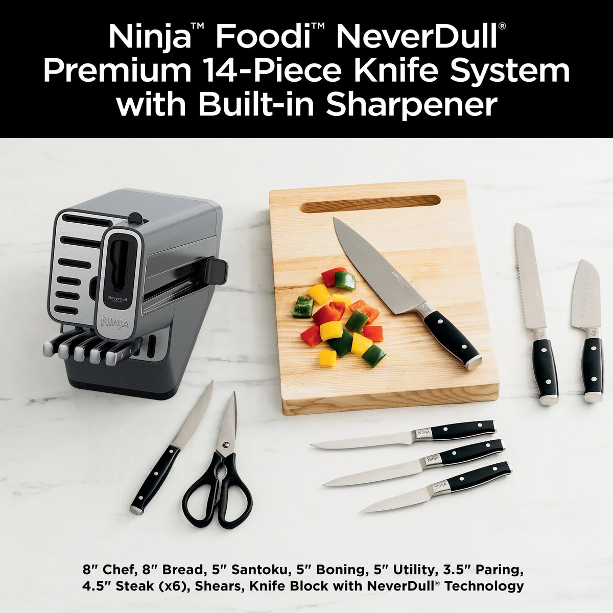 Nouveauté 2026 – Système de couteaux Ninja Foodi NeverDull Premium 14 pièces en acier inoxydable allemand avec affûteur intégré, K32014