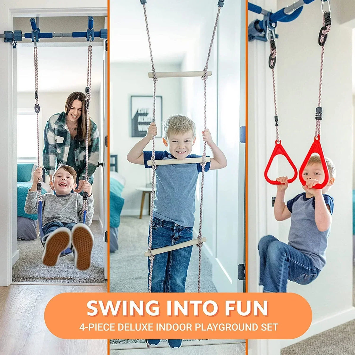 Nouveauté 2026 – Gym1 - Aire de jeux intérieure de luxe pour enfants - Ensemble complet - Quatre activités ludiques : balançoire bleue, anneaux en plastique, échelle d'escalade et barre de traction
