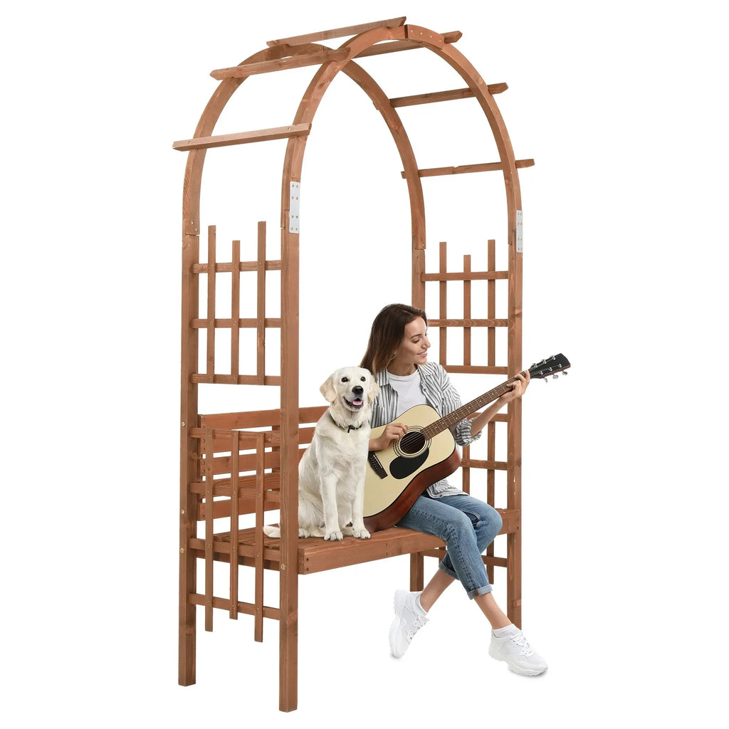 Nouveauté 2026 – Arche en bois de 2,1 m (6,8 pi) avec banc pour 2 personnes, treillis pour plantes grimpantes, décoration extérieure pour jardin, pelouse, terrasse, marron foncé