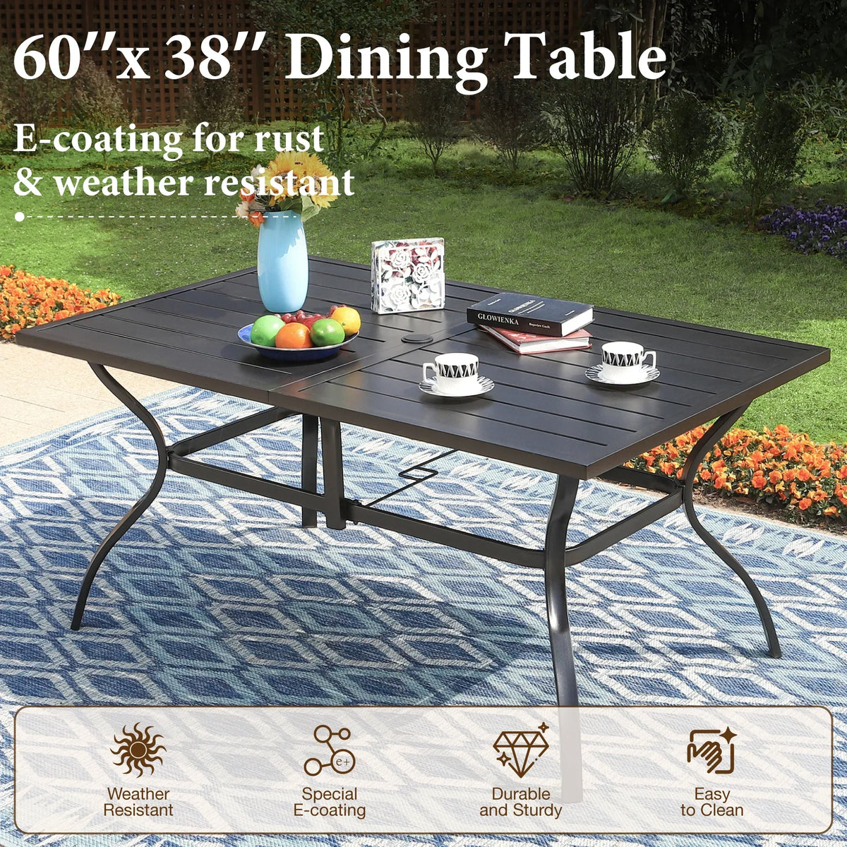 Nouveauté 2026 – Table de salle à manger rectangulaire d'extérieur MF Studio 6 personnes avec trou pour parasol, résistante aux intempéries, noire