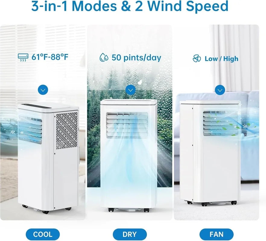 Nouveauté 2026 – Climatiseur portable 10000 BTU, 4 en 1 (refroidissement/déshumidification/ventilation) avec télécommande, commandes tactiles LED, minuterie 24 h et kit de fixation pour fenêtre. Ce climatiseur rafraîchit des pièces jusqu'à 450 pi² (e