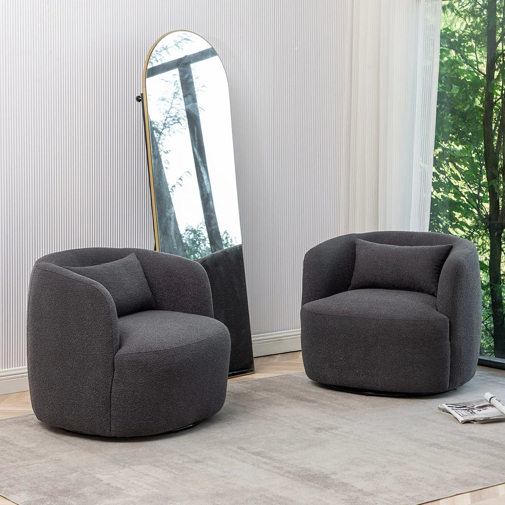 Nouveauté 2026 – Fauteuil pivotant rond 34" en bouclette de 86 cm de large, sans assemblage, avec coussin décoratif, idéal pour le salon et la chambre, couleur taupe