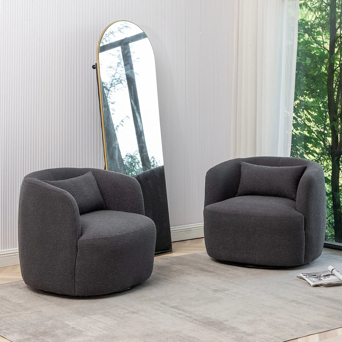 Nouveauté 2026 – Fauteuil pivotant rond 34" en bouclette de 86 cm de large, sans assemblage, avec coussin décoratif, idéal pour le salon et la chambre, couleur taupe