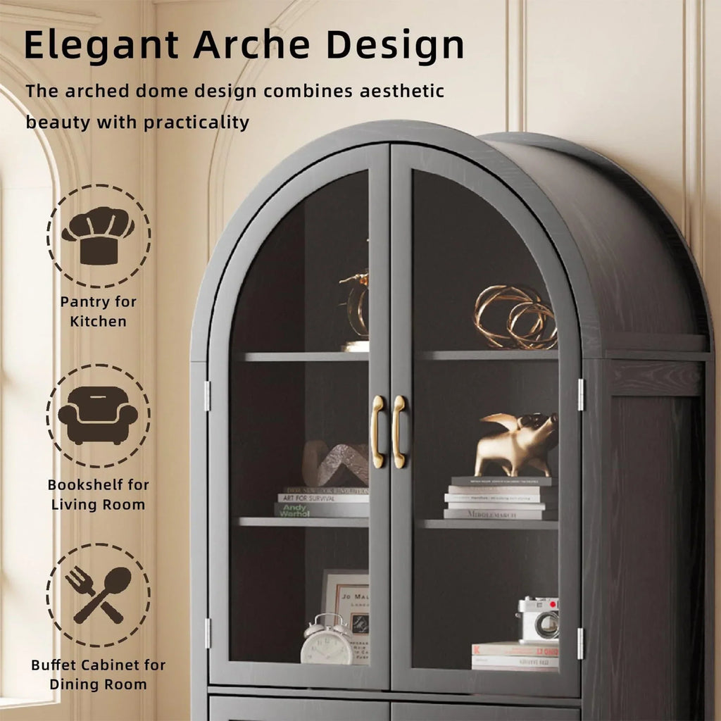 Nouveauté 2026 – Vitrine de rangement haute cintrée Fiogmub , armoire de garde-manger cintrée avec portes, portes en verre acrylique