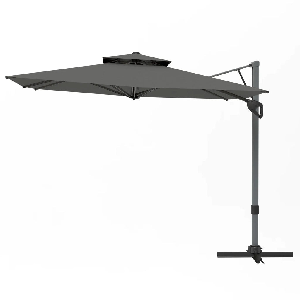 Nouveauté 2026 – Parasol d'extérieur Alpha Joy 12x9pi (3,66 x 2,74 m), grand modèle rectangulaire déporté à double structure, rotation à 360°, beige